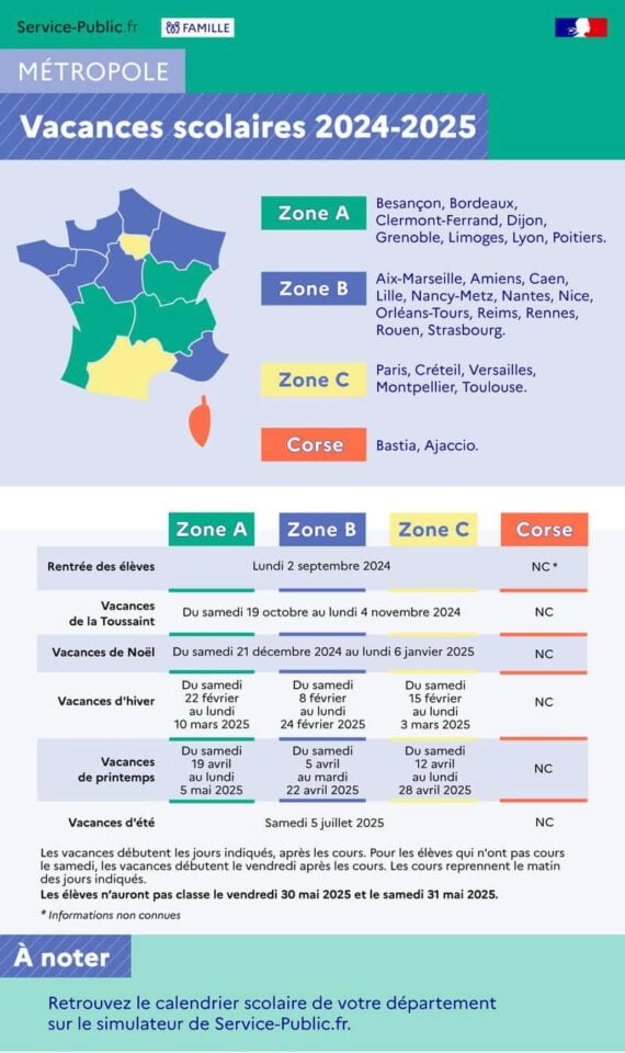 calendrier scolaire 2024-2025