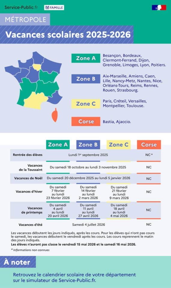 calendrier scolaire 2025-2026